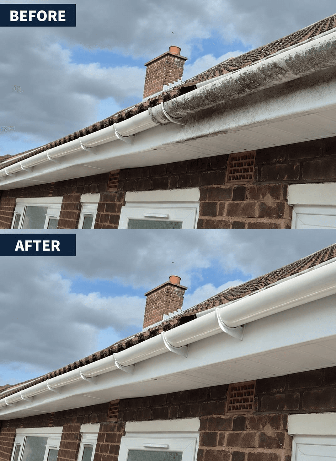Before and after exterior gutter cleaning